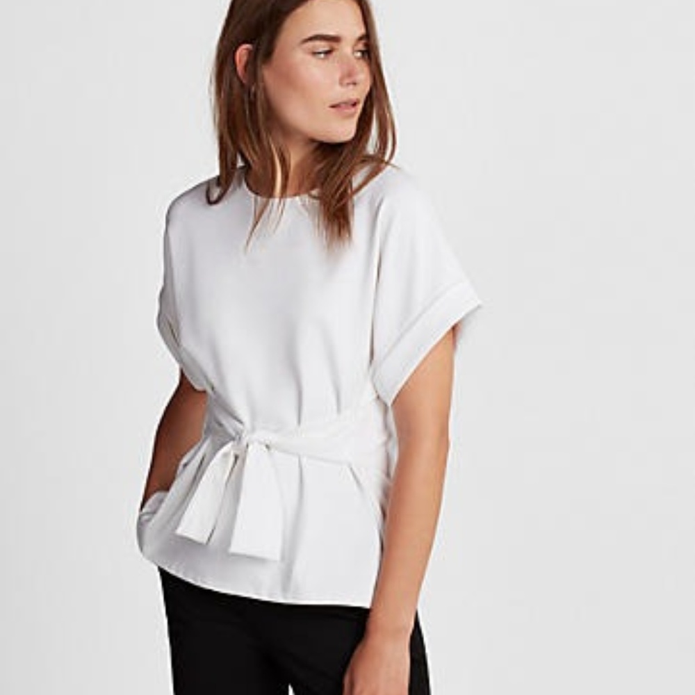 Express Tie Waist Rolled Sleeve Dressy Top Blouse